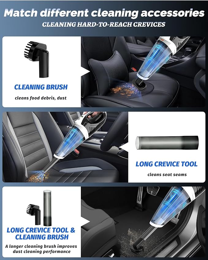 BRL Handheld Vacuum Cordless Car Vacuum Cleaner with Powerful Suction 2 Modes Mini Hand Vacuum Dry &amp Wet LED Light Portable Vacuum for Car Pet Hair Home Office Keyboards White Sliver