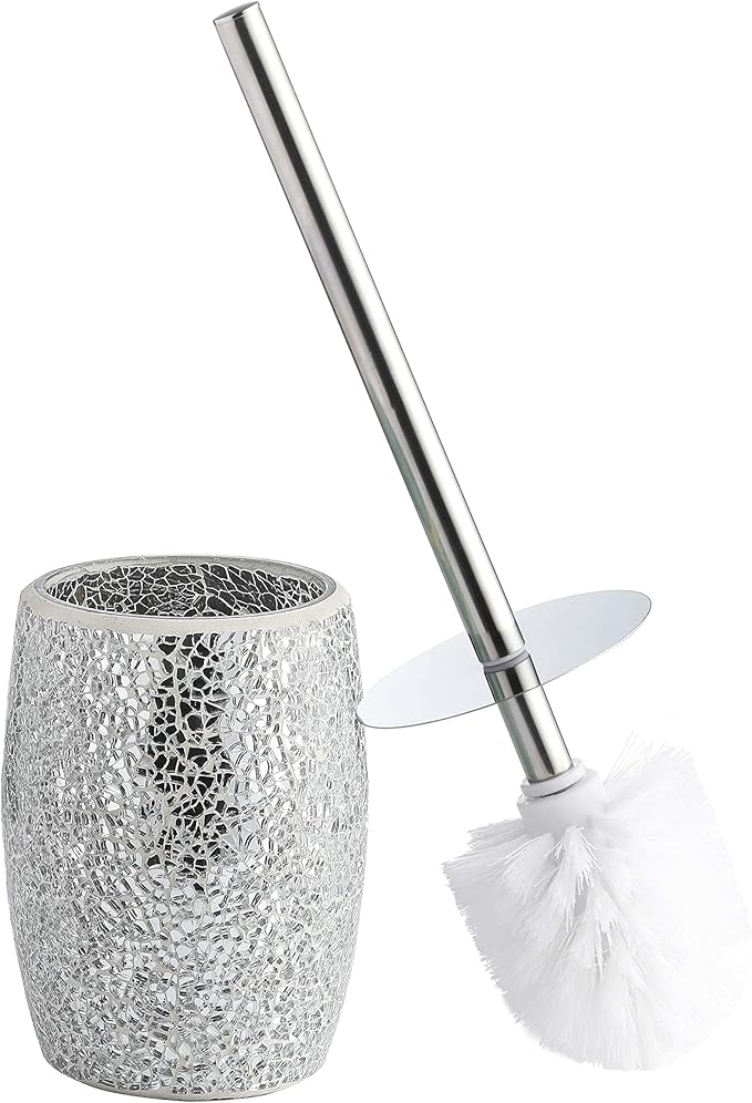 WHOLE HOUSEWARES Modern Toilet Brush Set (Silver) - Glass Mosaic Bathroom Accessory with Sturdy Bristles and Holder