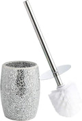 WHOLE HOUSEWARES Modern Toilet Brush Set (Silver) - Glass Mosaic Bathroom Accessory with Sturdy Bristles and Holder