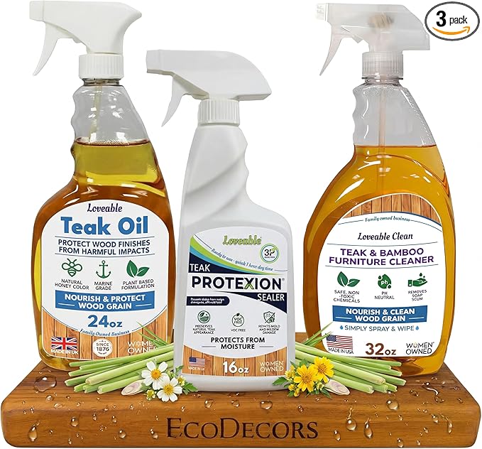 EcoDecors Protective Bundle – Loveable Teak Conditioning Oil Teak Furniture Cleaner and Protexion Teak Sealer Spray Bottle