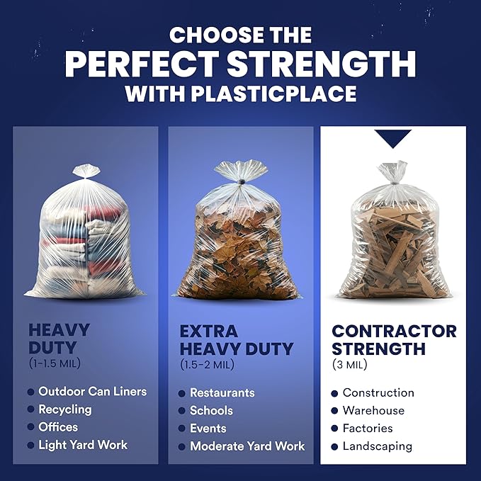 Plasticplace Contractor Trash Bags 55-60 Gallon Heavy Duty Garbage Bags 3.0 Mil Clear Trash Bags Tear-Resistant Large Trash Can Liners for Construction Recycling &amp Home Improvement (50 Count)