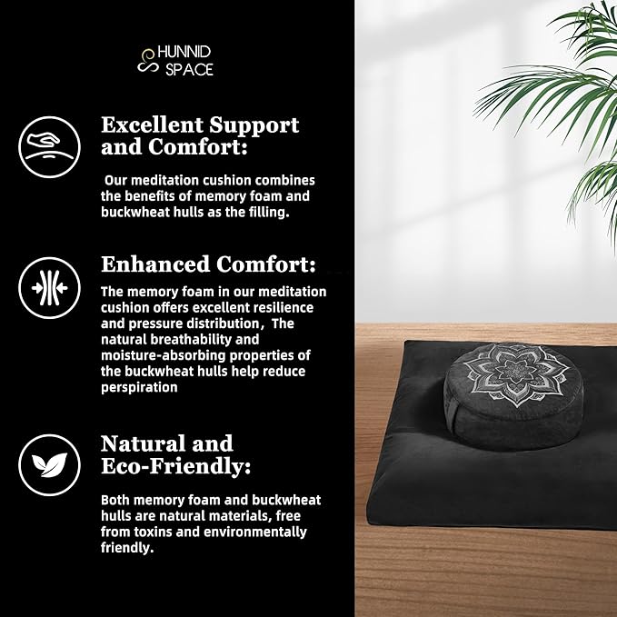 Meditation Zafu Cushion Set with Buckwheat Hulls &amp Memory Foam - Ergonomic Support for Yoga &amp Sitting - Removable Machine-Washable Luxury Velvet Cover - for Adults and Kids (Black)