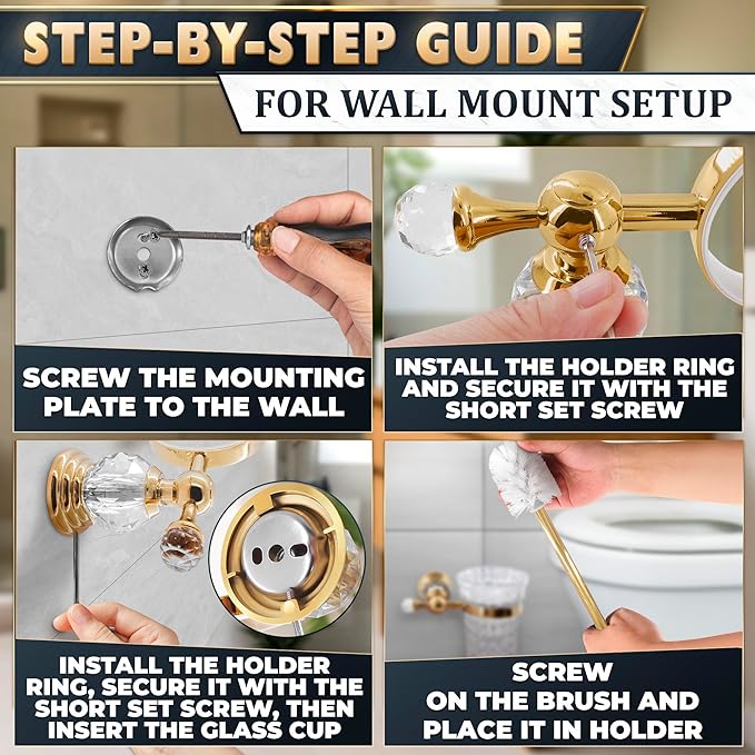 Gold Stainless Steel Toilet Brush with Crystal Toilet Brush Holder Set – Wall Mounted Holder Replaceable Head Decorative Space-Saving Design Bathroom Toilet Accessory Elegant Toilet Bowl Cleaner Set