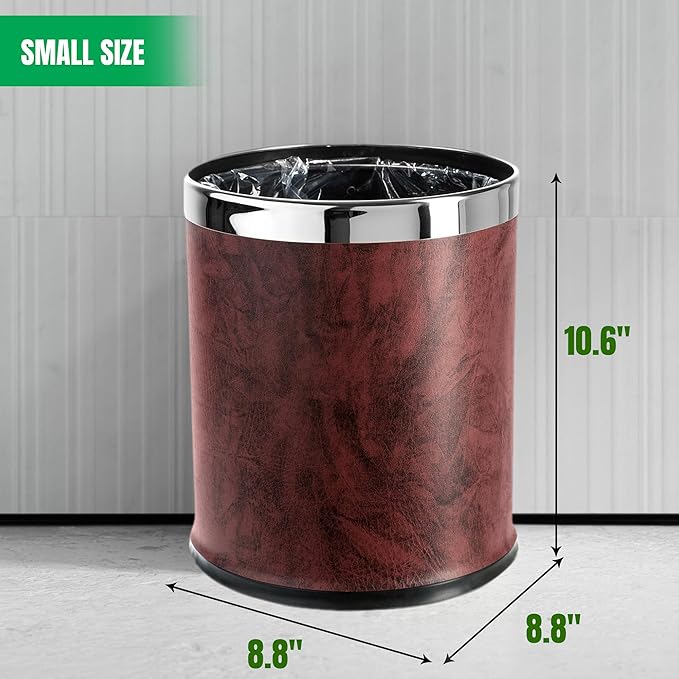 'Invisi-Overlap' Open top Leatherette Trash Can Small Office Wastebasket Modern Home Décor Round Shape (Burgundy)