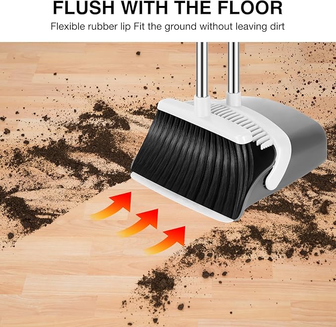 NACENA Broom and Dustpan Set 52-in Long Adjustable Handle Broom Dustpan Combo with Dustpan Teeth to Automatically Clean Hair Suitable for Home Kitchen Office Hall Floor (Grey&ampWhite) 4 Pack
