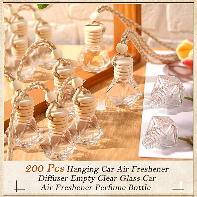 Domensi 200 Pcs Car Diffuser Bottles Air Freshener Bulk Hanging Empty Glass Perfume Bottles Refillable Air Freshener Pendant Fragrance Vials Ornament Decor with Wooden Caps String(Classic)
