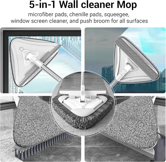 7-in-1 Triangle Mop Set with 7 Replaceable Heads and Adjustable Long Handle for Walls Floors Windows Baseboards (White)