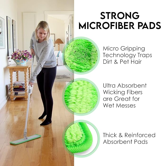 Turbo Microfiber Mop Floor Cleaning System - 18-inch Dust Mop with 4 Reusable Pads for Hardwood and Tile 360-Spin Floor Mop Head &amp Extendable Handle - Household Cleaning Tools
