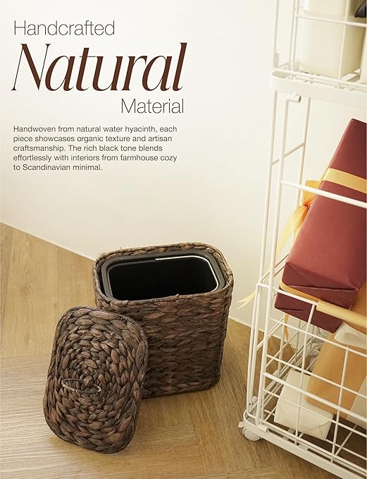 Wicker Waste Basket - Wicker Trash Can with Lid - Water Hyacinth Bathroom Garbage Can with a Lid - Bathroom Trash Can Boho Style - Removable Liner Iron Frame (Black 2 Gallons)