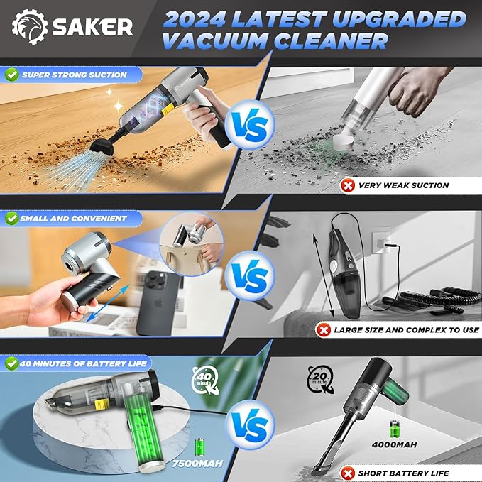 Saker Handheld Car Vacuum Portable Cordless17000PA Mini Air Duster Blower Rechargeable Foldable Vacuum Cleaner with Brushless Motor for Home Office Pet HL132 Black
