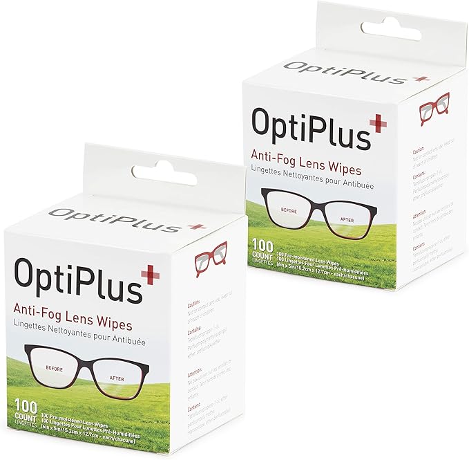 OptiPlus Anti Fog Lens Wipes l Pre-Moistened l Cleaning Wipes for Glasses Laptops Screens Smart Phones Optical Lens Goggles and Watch Screen l Quick-Dry &amp Scratch-Free l Two Pack of 100 Pack