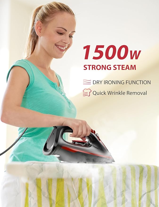 Steam Iron for Clothes 3-Way Auto Shutoff Ceramic-Coated Soleplate with Burst Steam Anti-Drip and Anti-Calc Self-Cleaning 1500W Powerful for Home Use