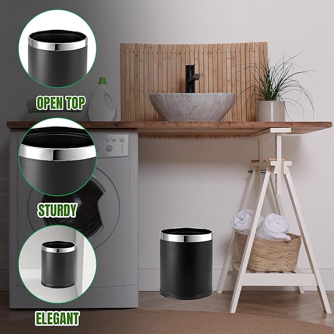'Invisi-Overlap' Metal Trash Can Open Top Small Office Wastebasket Round Shape (Black)