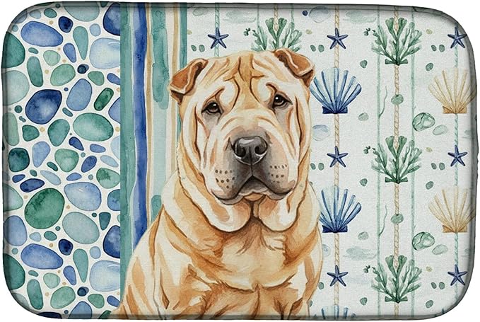 Caroline's Treasures Red Shar Pei Coastal Sea Glass Dish Drying Mat Absorbent Dish Drying Mat Pad for Kitchen Counter Dish Drainer Mat for Countertop 14 x 21 Multicolor