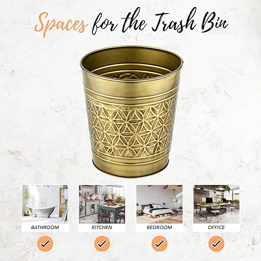 Autumn Alley Handcrafted Brass Bathroom Trash Can Round Open-Top Bathroom Wastebasket Stylish Metal Waste Bin for Home Office Bedroom Decorative Waste Basket Decor Coastal Trash Can Brass 2 Gal.