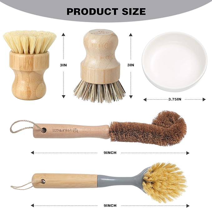 Natural Bamboo Dish Brush Bottle Scrub Brush 4-Piece Set with Ceramic Soap Dispenser - Wooden Washing Up Brushes with Sturdy Handles for Cleaning Dishes Pots Pans Gift Kit