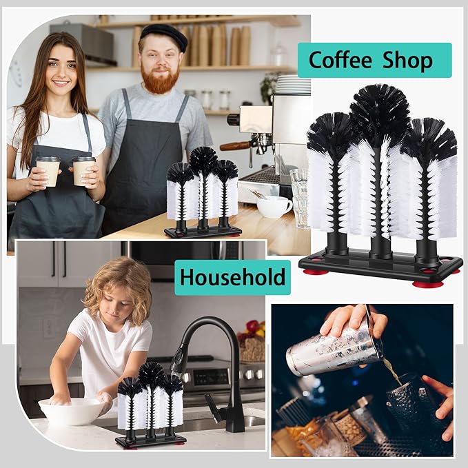 Havawish 2 Pack Water Bottle Cleaning Brush with Suction Base 3 Head Bristle Bar Glass Washer for Sink Cup Washer Brush Cleaner for Bar Beer Cup Wine Glass Long Leg Cup Kitchen Tools