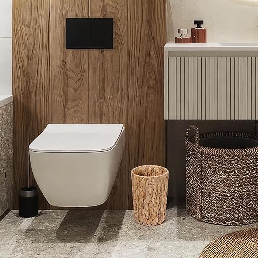 Fantasyon Wicker Trash Can Wicker Waste Basket Small Bathroom Trash Can Handwoven Boho Trash Basket Water Hyacinth Garbage Can for Bathroom Bedroom Office Living Room Kitchen 2 Gallon