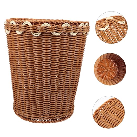 Healifty Woven Trash Can Basket Imitation Rattan Wastebasket for Bedroom and Living Room Stylish Sundries Storage Container Decorative Design for Home Organization