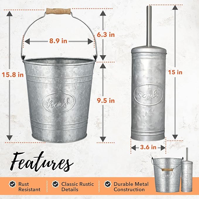 Autumn Alley Rustic Farmhouse Bathroom Trash Can and Toilet Brush Set - Rustic Bathroom Accessories for Charming Galvanized Bathroom Décor Galvanized Grey 2 Gal. Capacity