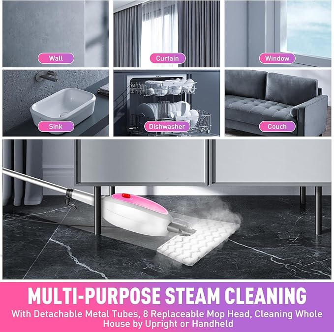 10-in-1 Multipurpose Steam Mop with Detachable Handheld CleanerMulti-Surface Use (Wood Floor/Tile/Window/Clothes/Furniture/Grout) + 2 Pack Dual-Sided Microfiber Mop Pads