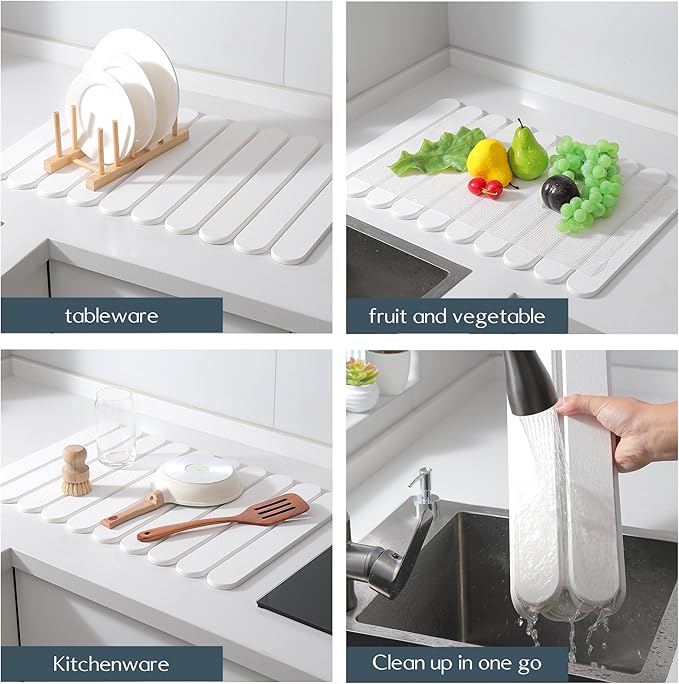 Large White Stone Dish Drying Mats for Kitchen Counter Quick Dry Collapsible Eco-Friendly Super Absorbent Diatomaceous Earth Heat-resistant Mat for Dishes Bottles Cups Match Any Countertop 24×16