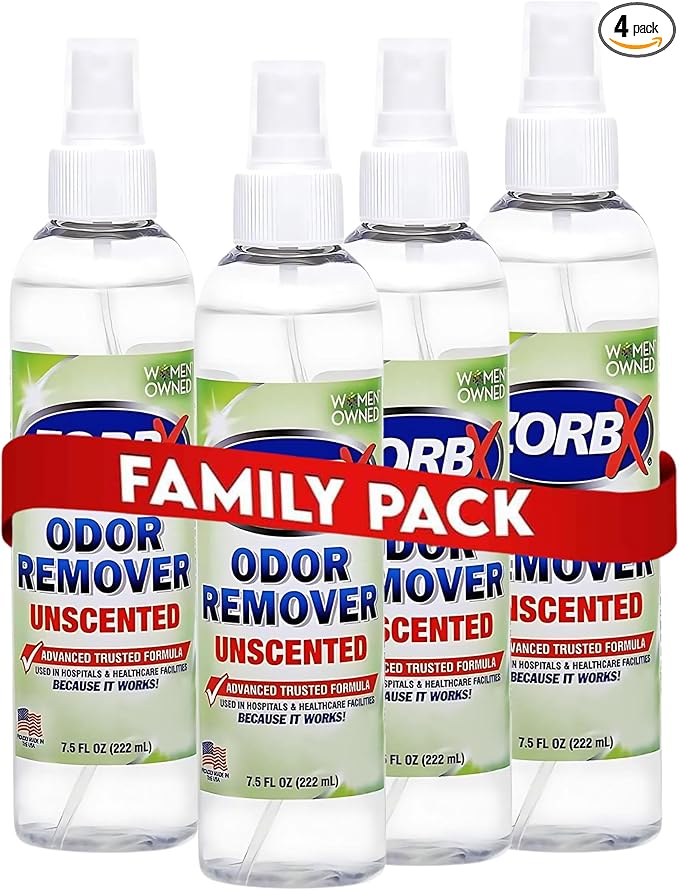 ZORBX Unscented Odor Eliminator for Strong Odor 7.5 Fl Oz Pack of 4 - Used in Hospitals &amp Healthcare Facilities - Advanced Formula Fast-Acting Odor Remover Spray for Dog Cat House &amp Carpet