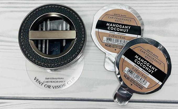 Bath and Body Works Leather Stitched Car Easy Open Fragrance Holder and Mahogany Coconut Disc Refills Set of 3