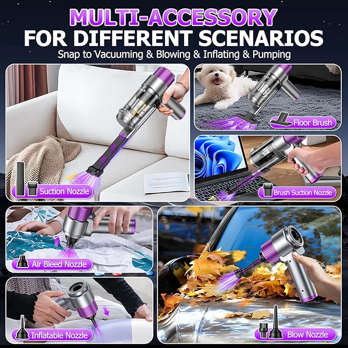 EYYA Handheld Car Vacuum Cleaner Cordless 16000PA Powerful Hand Held Vacuum Cordless Rechargeable 4-in-1 Portable Mini Vacuum &amp Air Duster with Multi-Nozzles and LED Light for Car Home Office