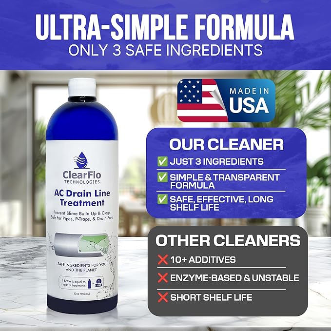 AC Drain Line Cleaner / 12 Month Supply | Safe Chlorine Free Non Toxic Formula with Natural Tea Tree Oil | HVAC Drain Line Solution for Tough Clogs &amp Buildup