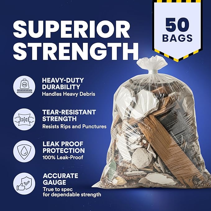 Plasticplace 42 Gallon Contractor Trash Bags │ 4.0 Mil │Clear Heavy Duty Garbage Bags │ 33 x 48 (50 Case)