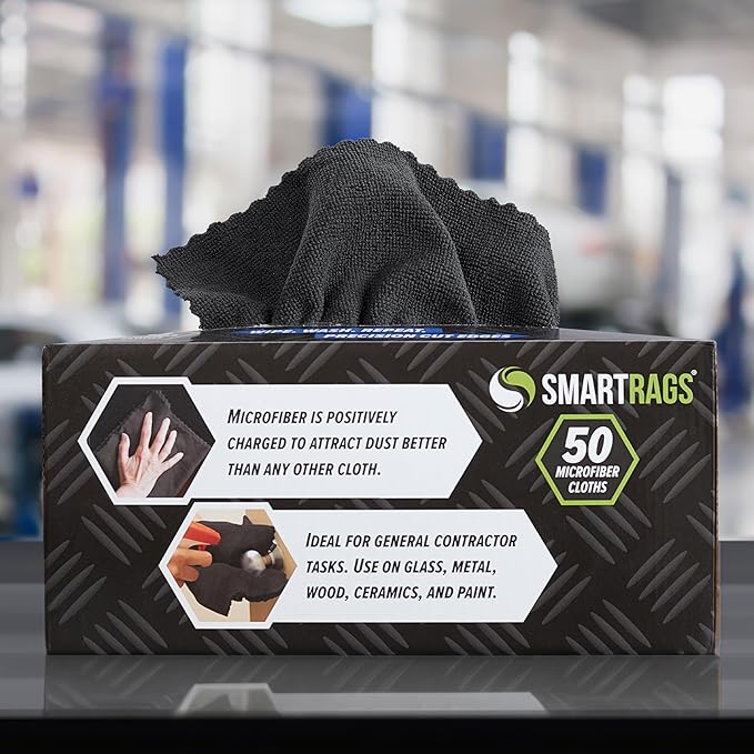 Arkwright Smart Rags Microfiber Cleaning Cloths Pack of 50 in a Box Lint Free 180 GSM Reusable Towels for Auto Office and Household Cleaning 12 x 12 in Black