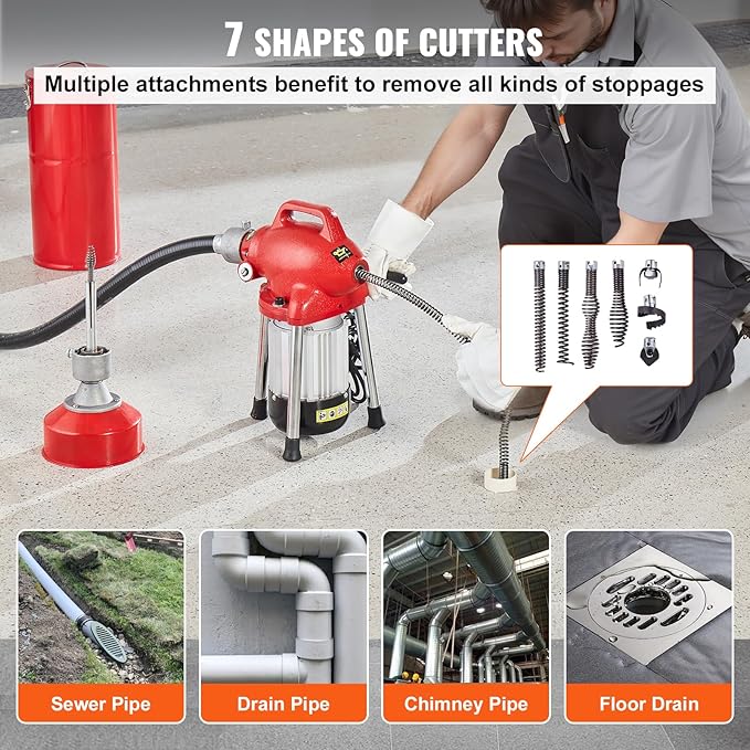 VEVOR Drain Cleaner Machine 120FT x 5/8 Inch 370W Electric Sewer Snake Auger Manual Feed - with 2 Sectional Steel Cables(120' x 5/8 and 23' x 3/8) 7 Cutters and CW/CCW Control for 1.6 to 4 Pipes