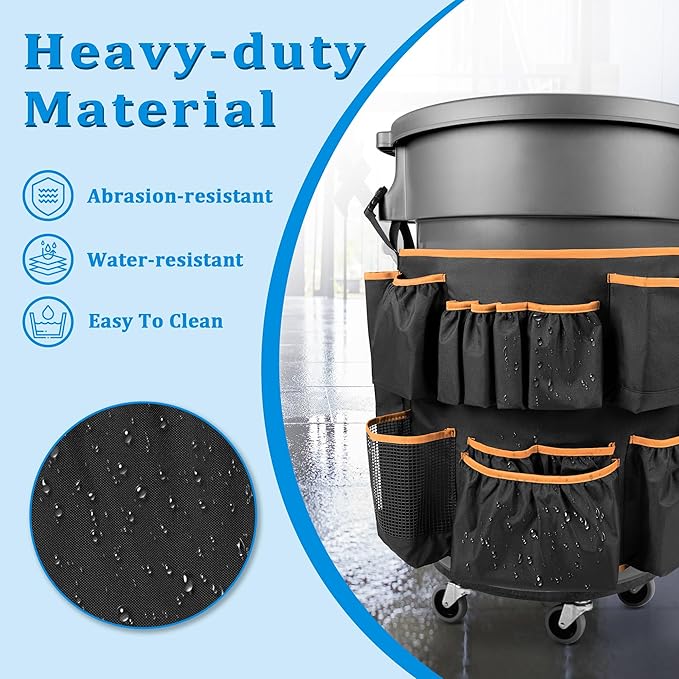 Trash Can Caddy Bag Fit 32-55 Gallon Garbage Bin Cleaning Caddy Bag with Adjustable Buckle for Industrial Trash Can 13 Pockets Cleaning Tool Organizer for Cleaning Supplies Orange Edge