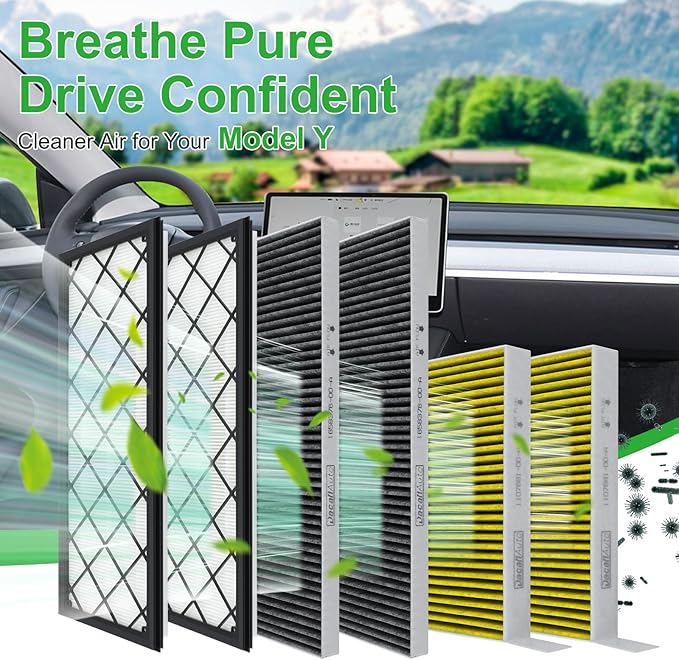 6pcs Activated Carbon Cabin Air Filter HEPA Air Intake Filter Set for Model Y 2020 2022 2023 2024 2025 2026 (Not Fit for Tesla Model Y Long Range 2021) Replace 1658375-00-A 1658376-00-A
