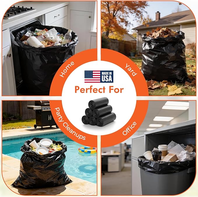Delxo 40-45 Gallon Trash Bags 125 Count 40×48'' Large Black Garbage Bags – Light-to-Medium Duty Star-Seal Can Liners for Home Kitchen Yard &amp Office – Bulk Value Pack Made in USA