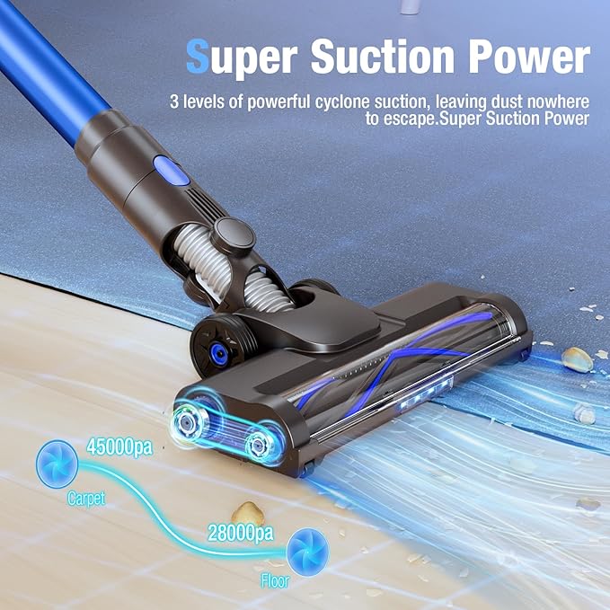 Cordless Vacuum Cleaner 550W 45KPA 50Min Vacuum Cleaners for Home Self-Standing Stick Vacuum with Touch Screen 3 Power Modes Rechargeable Battery Handheld Vacuum for Pet Hair/Carpet/Floor