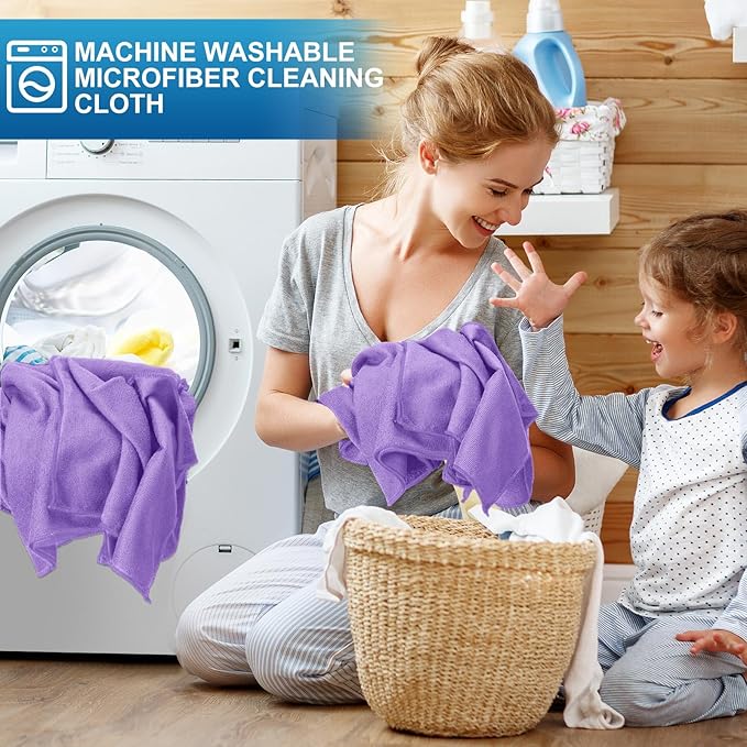 Tenare 100 Pack 12'' x 12'' Microfiber Cleaning Cloths Reusable Cleaning Rags Bulk Microfiber Towels Softer Highly Absorbent Washcloths for House Kitchen Car Window(Purple)