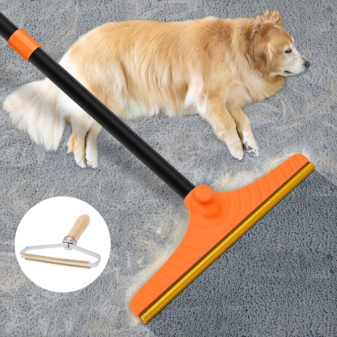 Carpet Rake for Pet Hair Removal - Reusable Pet Hair Remover 60” Adjustable Long Handle Cat Dog Carpet Rake Scraper Dog Hair Rake Brush for Rugs Mats Couch