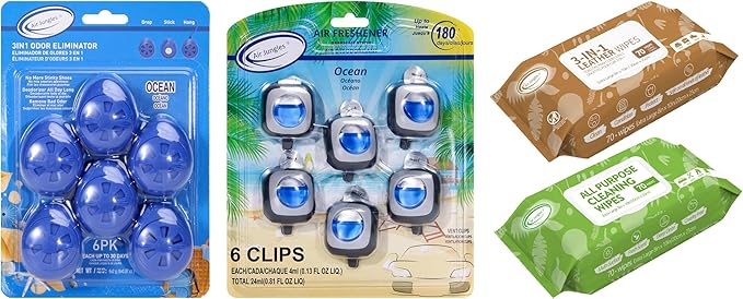 Air Jungles Ocean Scent Odor Eliminator Balls (6 Count) Car Air Freshener Vent Clips (6 Pack) 3-in-1 Leather Cleaner Wipes (70 Ct) and All Purpose Cleaning Wipes (70 Ct)