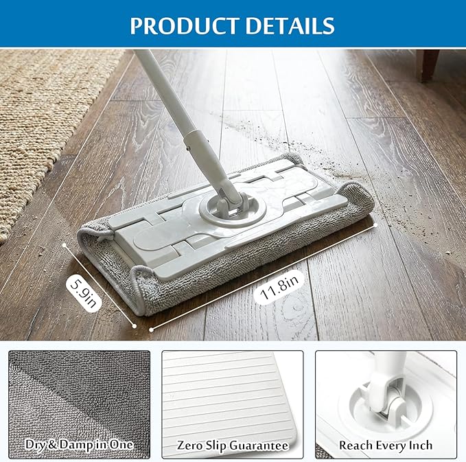 Flat Mop Microfiber Mop with 55’’ Long Handle Mops for Floor Cleaning with Flexible 12 ‘’ Flat Head Household Wet &amp Dry Mops for Wall Floor