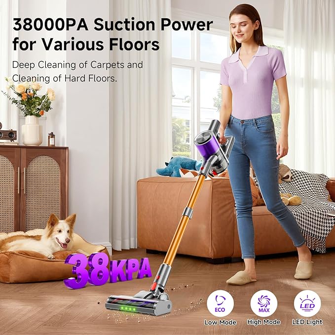 Cordless Stick Vacuum Cleaner 38Kpa Powerful Suction Vacuum Cleaner with LED Headlight Detachable Battery 8-in-1 Lightweight Handheld Vacuums for Pet Hair Carpet and Hardwood Floor Purple