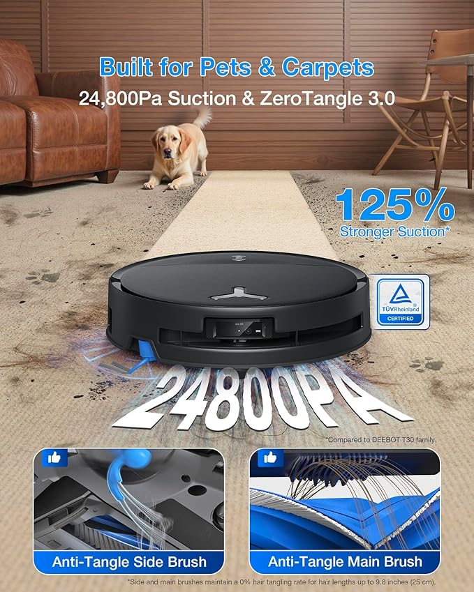 ECOVACS DEEBOT T80S Omni Robot Vacuum and Mop 24800Pa Suction Instant Self-Cleaning OZMO Roller Mop Auto-Lift Mop for Carpet &amp Spill Protection AI Navigation ZeroTangle 3.0 for Pets Family