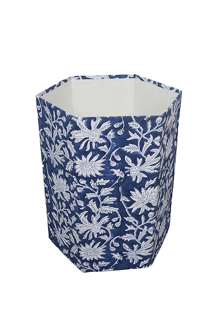 3.3 Gallon Cotton Hand Block Printed Paper Waste Basket |Small Decorative Trash Can for Housewarming Gifts in Living Room Bedroom Bathroom | Eco-Friendly Plastic-Free (1 Blue White FLOWAR)