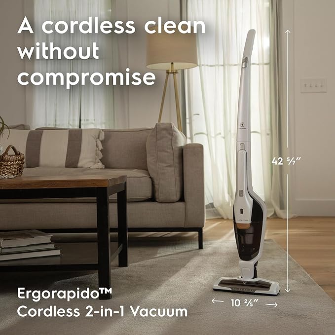Electrolux Ergorapido Cordless 2-in-1 Vacuum Cleaner with High Suction Power and 180° EasySteer Mobility 48-Minute Run Time 2 Power Modes Satin White