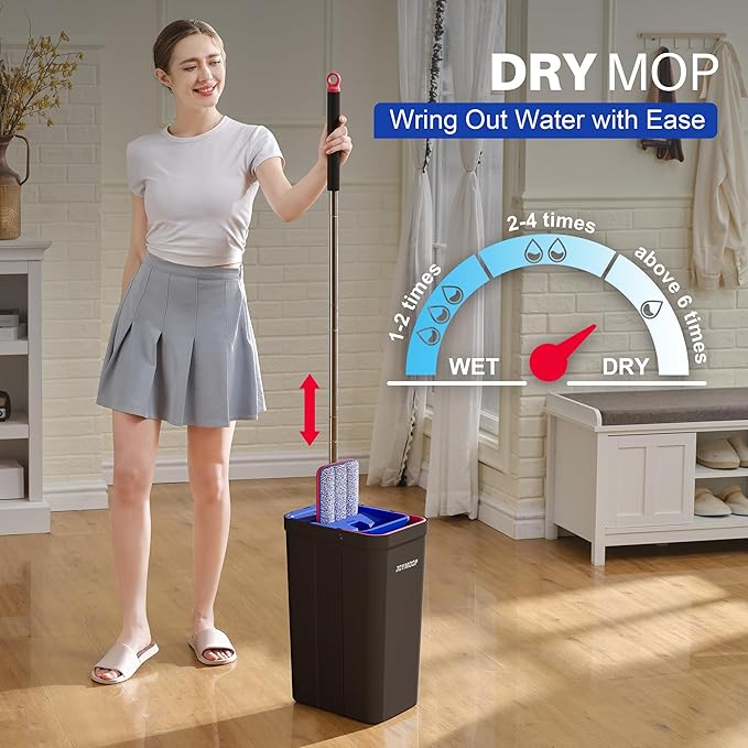 JOYMOOP Mop and Bucket with Wringer Set Hands Free Flat Floor Mop and Bucket with 6 Washable Microfiber Pads Wet and Dry Use Floor Cleaning System - Black+Red+Slate Blue