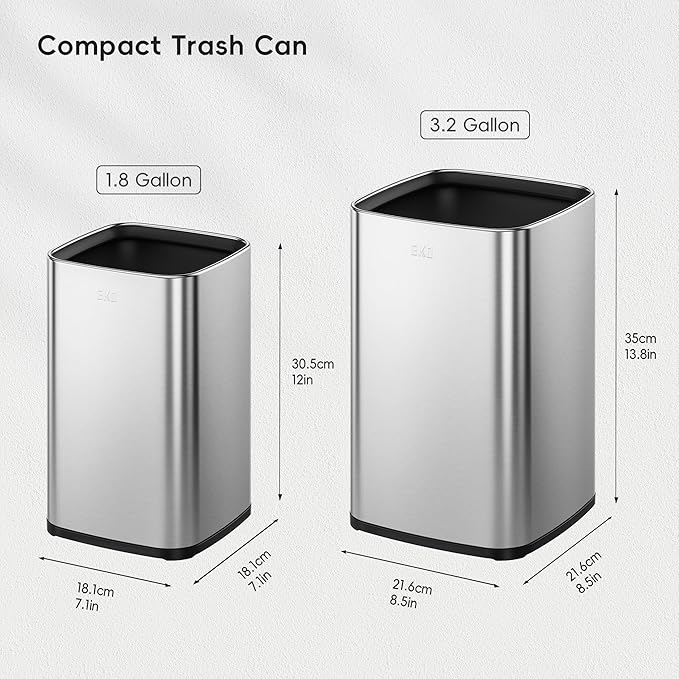 EKO 2-Pack Open Top Trash Can with Removable Inner Basket Square Small Garbage Can 1.8 + 3.2 Gallon Wastebasket Combo for Kitchen Bathroom Office Home (Stainless Steel)