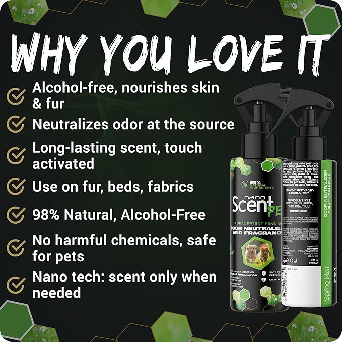 PET Odor Neutralizing Pet Freshening Spray Nano-Activated 98% Natural Alcohol-Free Grooming Spray for Dogs Cats &amp Fabrics Long-Lasting Touch-Release Fragrance - Sweet Jazz (200mL)