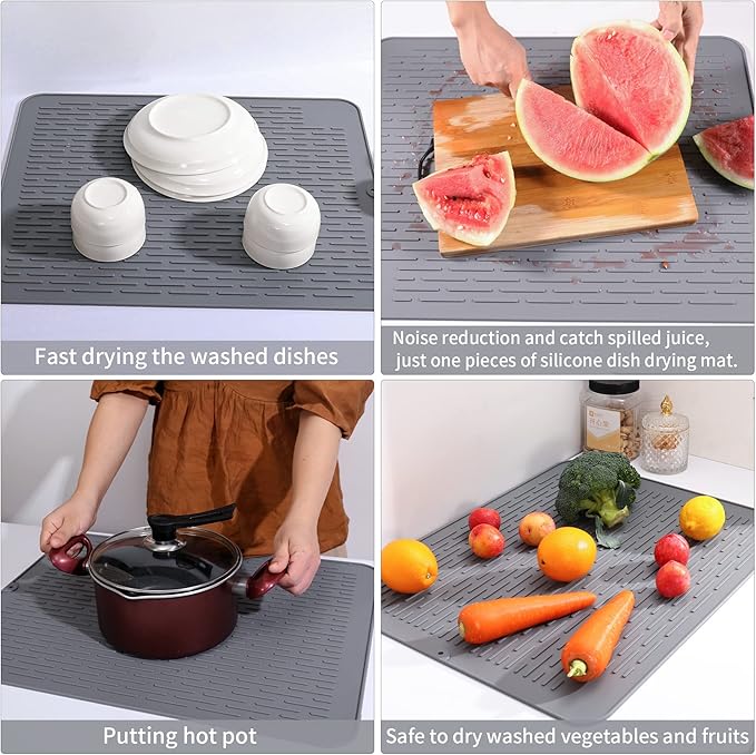 Extra Large Silicone Dish Drying Mat - XL Size 23' x 18' Dish Rack Mat for Kitchen Counter Heat-resistant Rubber Non-Slip Eco-friendly BPA Free Grey