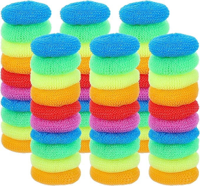 100 Pcs Plastic Scrubbers for Dishes Round Pot Scrubbers for Kitchen Non Scratch Scouring Pads 3.35 Nylon Mesh Dish Scrubber Reusable Poly Mesh Scouring Dish Pads for Household Cleaning